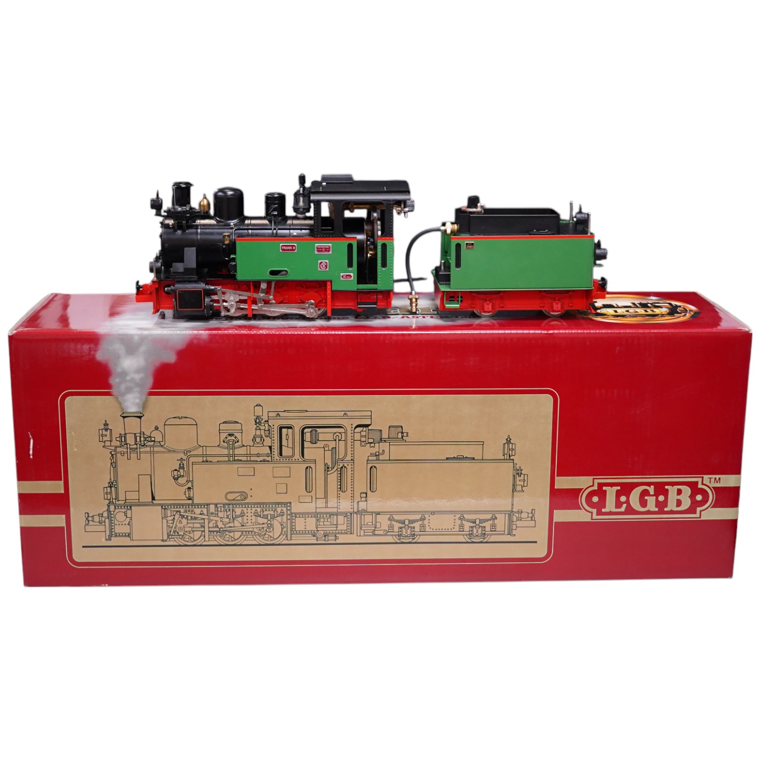 A boxed Aster Hobbies for LGB (2901) live steam 16mm scale gas fired narrow gauge 0-4-0 tender locomotive running on 45mm gauge track, Frank S, in black and green livery, boxed with instructions and accessories. Conditio